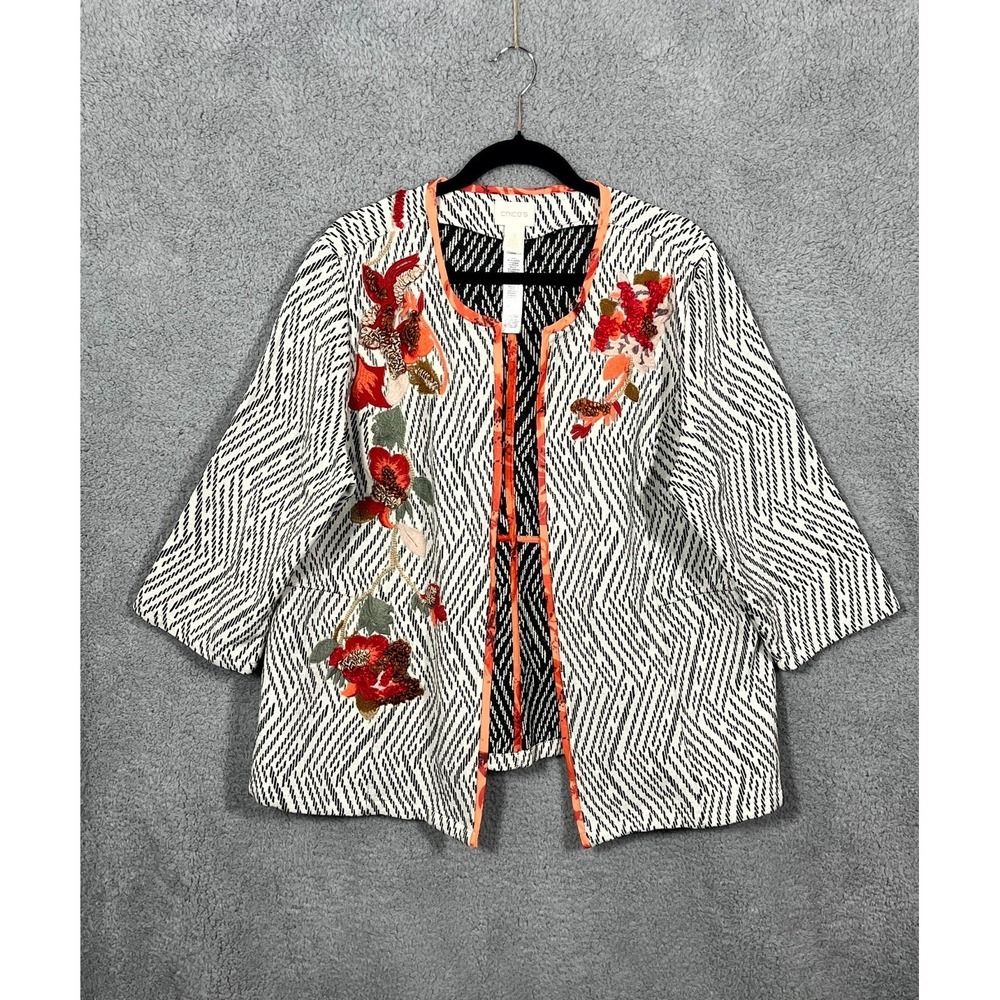 Chico's Jacket Womens 3 Multicolor Chevron Artisan Embroidered Floral Wedding - Picture 1 of 13